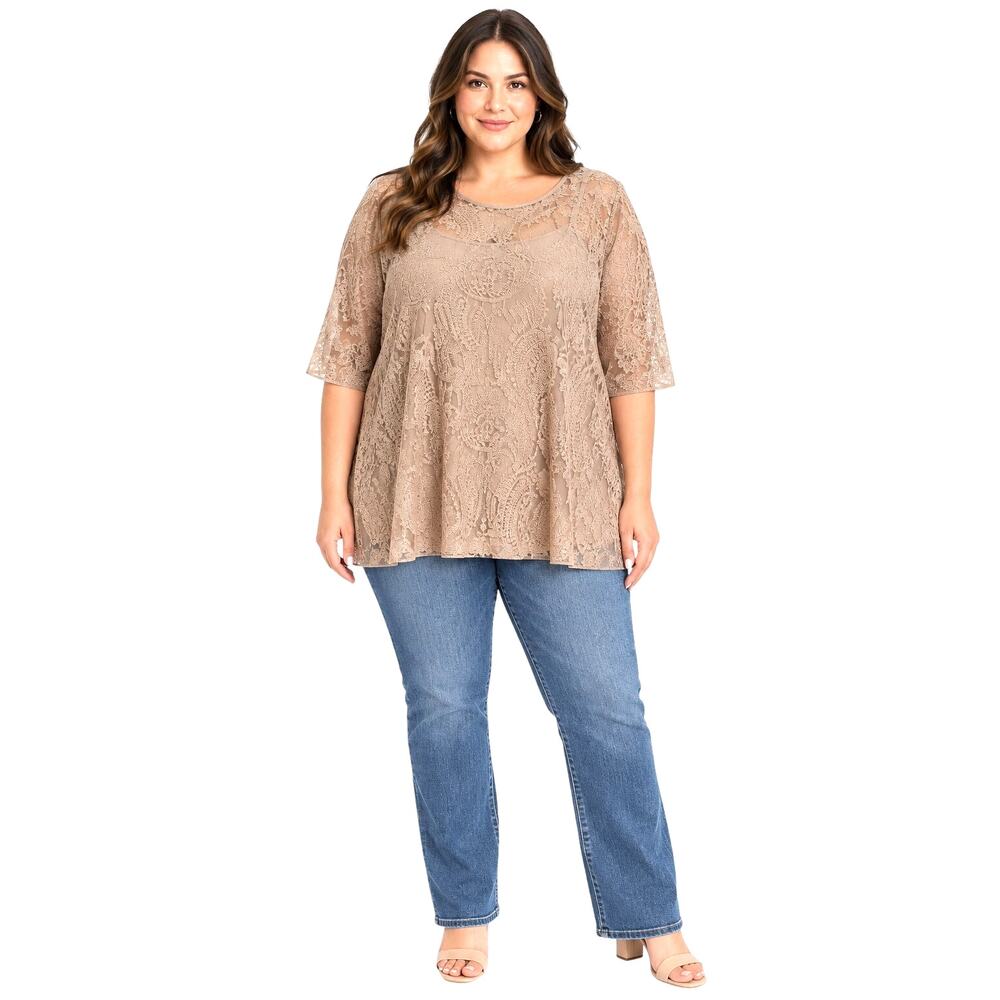 Catherines Tan Lace Top Short Sleeve Sheer Embroidered Mesh 4X Romantic